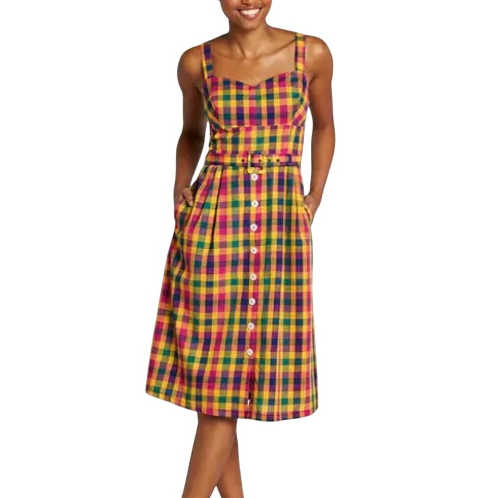 ModCloth Check My Pulse Plaid Midi Dress Yellow Blue Smocked Belted Medium 8
